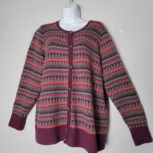 LL Bean Fair Isle Cardigan Sweater Women’s LP  Purple Multicolor Cotton Cashmere